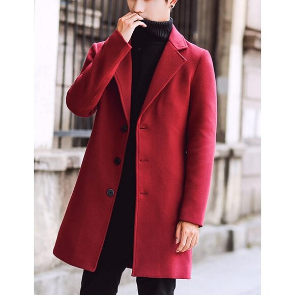 Men's Red Wool Blend Pea Coat Notched Collar Breasted Winter Trench Coat - Picture 3 of 5